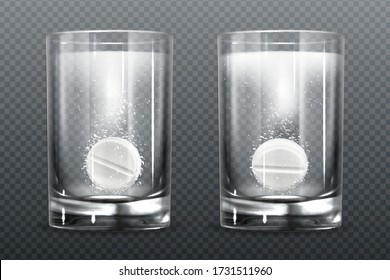 Effervescent pills with fizz bubbles in water glass. Aspirin tablets, soluble vitamin or headache pharmaceutical remedy capsules, isolated on transparent background. Realistic 3d vector illustration