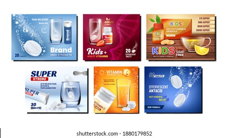 Pósters Promocionales De Píldoras Efervescentes Set Vector. Vitaminas Infantiles Y Medicamentos Efervescentes Painkiller, Vidrio De Agua Y Paquetes En Blanco En Pancartas Publicitarias. Ilustraciones de plantillas de concepto de estilo