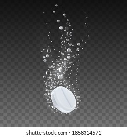 Brauselöser Vektor zur Behandlung von löslichem Arzneimittel gegen Grippe. Pharmacy Health Care and Influenza Treat Drug Tablet with Bubbles Trace Solubling in Water. Medizin Therapy Layout Realistische 3D-Illustration