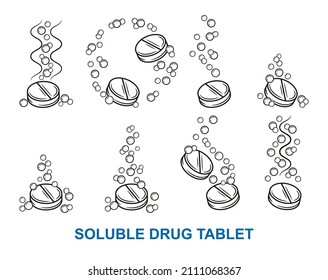 Effervescent Soluble Drug Tablet, Fizzy Aspirin Pill, Vitamin C Dissolve In Water Outline Icon Set. Medicament Solution With Air Bubbles. Dose Pain Medication, Antibiotic For Treatment. Line Vector