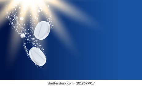 Effervescent Soluble Medical Drug Copyspace Vector. Pharmacy Headache Treatment Drug Tablet With Bubbles Trace Solubling In Water And Sun Lighting. Medicine Therapy Template Realistic 3d Illustration