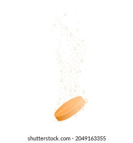 Effervescent soluble orange tablet with fizzing underwater bubbles. Medicine or vitamin pill dissolving in water isolated on white background. Vector realistic illustration.