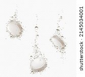 Effervescent soluble pills dissolve in water. Vector realistic mockup of white round fizzy tablets, dissolving medical drugs with bubbles isolated on transparent background