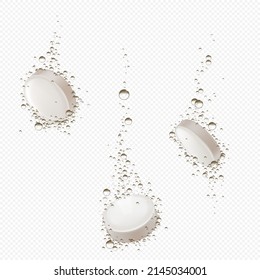 Effervescent soluble pills dissolve in water. Vector realistic mockup of white round fizzy tablets, dissolving medical drugs with bubbles isolated on transparent background