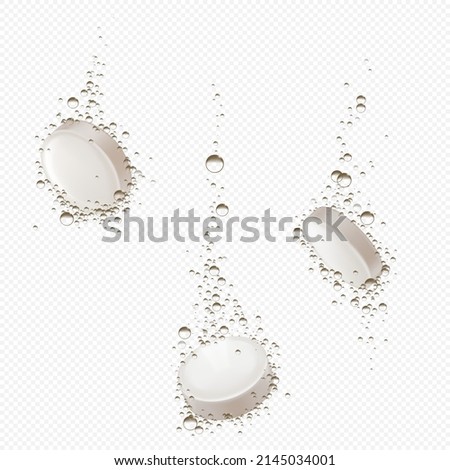 Effervescent soluble pills dissolve in water. Vector realistic mockup of white round fizzy tablets, dissolving medical drugs with bubbles isolated on transparent background