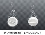 Effervescent soluble tablet with bubbles in water isolated on transparent background. Vector realistic mockup of white fizzy pill, dissolving medicine drug, antibiotic or vitamin