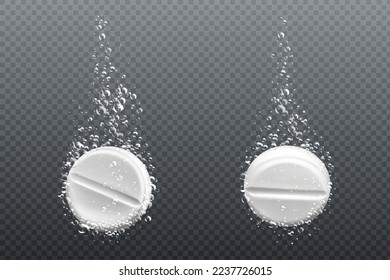 Effervescent soluble tablet with bubbles in water isolated on transparent background. Vector realistic mockup of white fizzy pill, dissolving medicine drug, antibiotic or vitamin