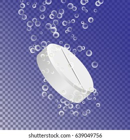 Effervescent Soluble Tablet Pill. Sparkling Water Bubbles Trails. Vitamin C Or Acetylsalicylic Acid (aspirin) Pill Falling Down In Water On Transparent Background. 3D Realistic Illustration