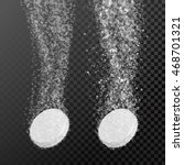 Effervescent soluble tablet pills. Sparkling water bubbles trails. Vitamin C or acetylsalicylic acid (aspirin) pill fizzy trace falling down in water on transparent background