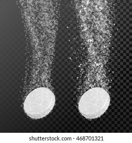 Comprimidos efervescentes solubles. Recorriendo caminos de burbujas de agua. Vitamina C o ácido acetilsalicílico (aspirina) gotas de fisuras que caen en el agua sobre un fondo transparente