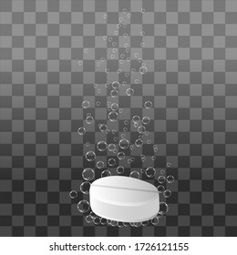 Effervescent soluble tablet pills. Vector sparkling air, gas or pure oxygen bubbles. Fizzy effect for your design.3d  realistic  abstract illustration. Сarbonated trail of falling in water
