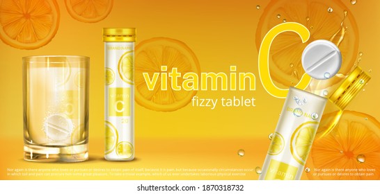 Comprimido efervescente soluble con vitamina C en vaso de agua y recipiente. Afiche vectorial realista de la píldora fizzy, disolver la medicina con sabor a naranja. Banner promocional, fondo publicitario