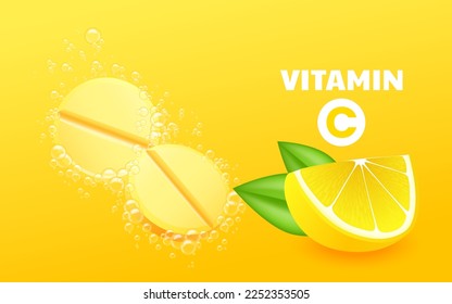 Effervescent soluble tablets. Vitamin C soluble pills with lemon flavor in water with sparkling carbonated bubbles trail. Realistic lemon sliced with green leaf, sour fresh fruit, bright yellow zest