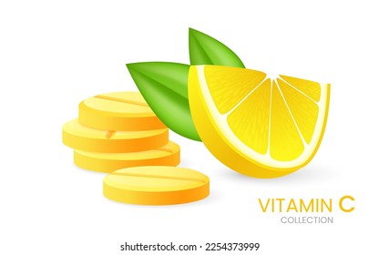 Effervescent soluble tablets. Vitamin C soluble pills with lemon flavor. Realistic lemon sliced with green leaf, sour fresh fruit, bright yellow zest. Vector realistic poster of fizzy pill.