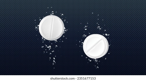 Effervescent tablet of aspirin or other medicines drops underwater, dissolves and bubbles. Realistic vector illustration of two white round soluble pharmaceutical pill or drug fizzy and splash.