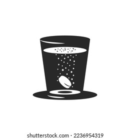 Effervescent tablet or carbon tablet in a glass of water with the release of carbon dioxide bubbles, health drink black and white creative illustration in negative space style.