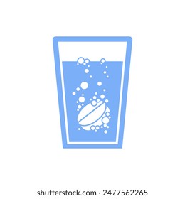 The effervescent tablet dissolves in the glass. Soluble medicine. Vector illustration icon, concept vitamins or sugar substitute, air bubbles. Symbol, logo illustration. for web design.