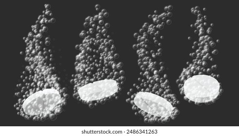 Effervescent tablet dissolving. Health supplements and medical tablets with fizzing bubbles. Medicine dissolution and carbonation process, painkiller solution vector illustration.