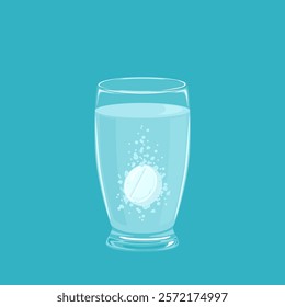 Effervescent tablet in glass of water on blue background. Vector cartoon flat illustration.