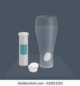 effervescent tablet in a glass of water, and packaging the tablets on the table