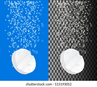 Effervescent tablet. Soluble pill on transparent background. Vitamin C. Vector illustration
