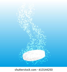 Effervescent Tablet in water with bubbles, on a blue background.Vector illustration.