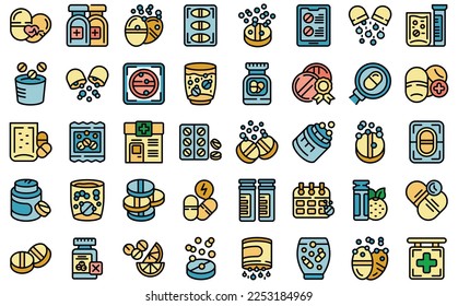 Los iconos de tabletas efervescentes establecen el vector de contorno. Píldora de agua. Línea de color de la droga de la copa aislada en blanco