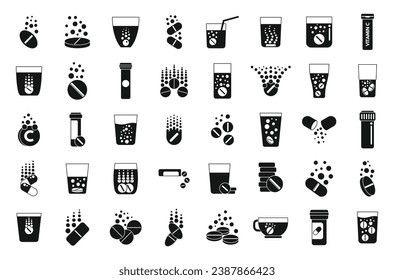 Effervescent tablets icons set simple vector. Water pill. Cup drug aspiring