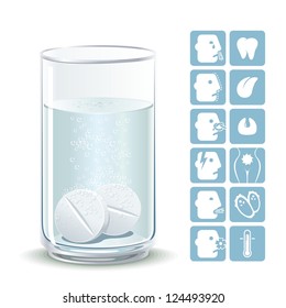 Effervescent tablets. Illustration painkillers soluble tablets with icons ailments.