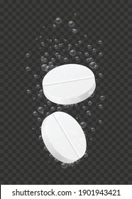 Effervescent tablets on transparent background. Soluble medical pills with fizzy gas bubbles. Vitamin, aspirin or antibiotic dissolving in water. Realistic 3D vector illustration