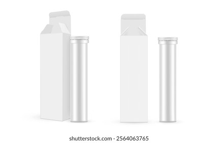 Effervescent Tablets Packaging. Tube And Box, Opened Lid, Front And Side View. Vector Illustration