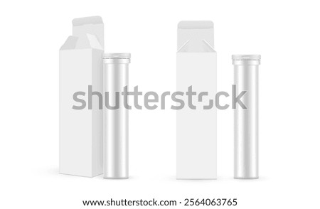 Effervescent Tablets Packaging. Tube And Box, Opened Lid, Front And Side View. Vector Illustration