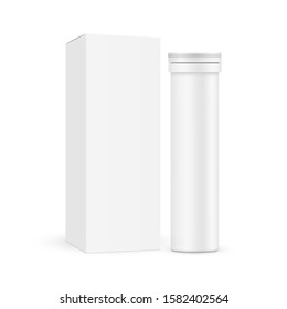 Effervescent tablets tube with carton box mockup isolated on white background. Vector illustration