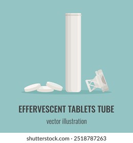 Effervescent tablets tube with open cap and round pills. Medical box for vitamins, painkillers. Flat style vector illustration