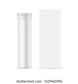 Effervescent tablets tube with paper box mockup - front view. Vector illustration