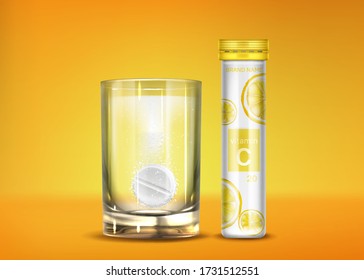 Effervescent vitamin C pills with fizz bubbles in water glass and closed bottle. Soluble tablets, pharmaceutical remedy capsules, isolated on orange background. Realistic 3d vector illustration