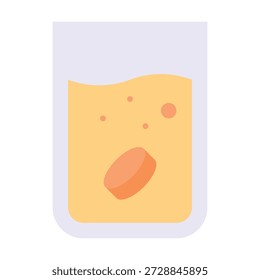 Effervescent vitamin C tablet with fizz bubbles and orange flavour dissolving in glass of water, Medicine Stress Relief Vector Illustration, Flat Style Icon. 