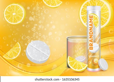 Effervescent vitamin C tablets advertising poster design template. Vector realistic soluble tablets plastic container, glass of water with fizzy pill, lemon slices, sparkling bubbles and copy space.