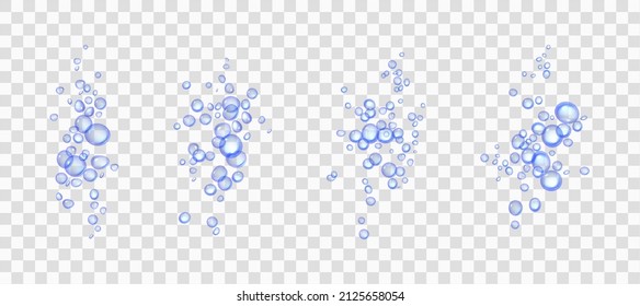 Effervescent water or oxygen fizz, blue air bubbles realistic 3d vector illustration. Moving underwater fizzing. Champagne or soda drink design elements isolated on transparent background.