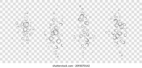 Effervescent water or oxygen fizz, white air bubbles realistic 3d vector illustration. Moving underwater fizzing. Soda or champagne drink design elements isolated on transparent background.