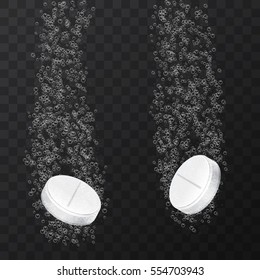 Effervescent water-soluble tablet or drug. Vitamin C, aspirin, pill fizzy falling down in water with sparkle on transparent background. Two dissolving tablets. Vector illustration clip art