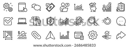 Efficacy, Account and Execute line icons pack. Share, Message, Paper plane icons. Check investment, Fake news, Approved agreement web icon. Online question, Checklist, Paper clip pictogram. Vector