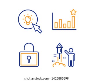 Efficacy, Energy and Lock icons simple set. Fireworks sign. Business chart, Turn on the light, Private locker. Party pyrotechnic. Business set. Linear efficacy icon. Colorful design set. Vector