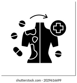 Efficacy glyph icon. Skin cancer treatment. Drug therapy treats disasters.Pharmacy concept.Filled flat sign. Isolated silhouette vector illustration