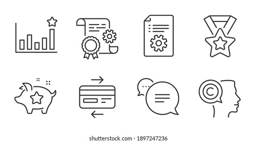 Efficacy, Loyalty points and Winner ribbon line icons set. Technical documentation, Text message and Credit card signs. Construction document, Writer symbols. Quality line icons. Vector