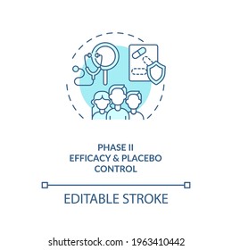 Efficacy And Placebo Control Concept Icon. Clinical Trials Phase 2 Idea Thin Line Illustration. Pharmaceutical Drugs, Treatments Testing. Vector Isolated Outline RGB Color Drawing. Editable Stroke