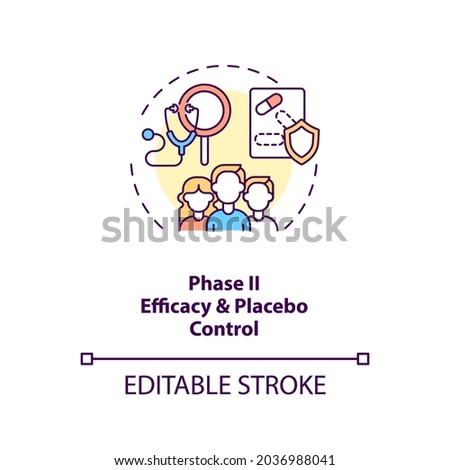 Efficacy and placebo control concept icon. Clinical trials phase 2 idea thin line illustration. Dosing requirements evaluation. Vector isolated outline RGB color drawing. Editable stroke