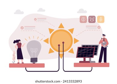 Energía alternativa de eficiencia. Atención ambiental y uso de energía verde limpia a partir del concepto de fuentes renovables. Paneles solares de energía para cargar la batería y dar electricidad. ilustración vectorial plana