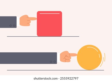 Efficiency of business leaders solution, easy way to solve problem. Hands of employees move cube and sphere with different efforts, businessman with ball wins competition cartoon vector illustration