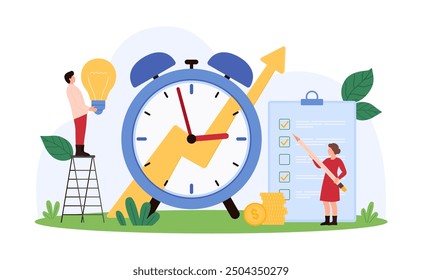 Efficiency of business project, growth of economy graph arrow in company performance, training. Tiny people manage tasks with clock and list, improve plan of challenge cartoon vector illustration
